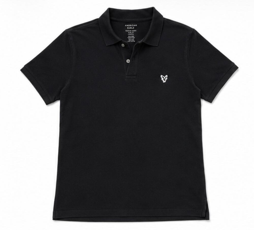 American Eagle Polo Shirt Mens L Black Slim Fit Super Soft Casual Short Sleeve